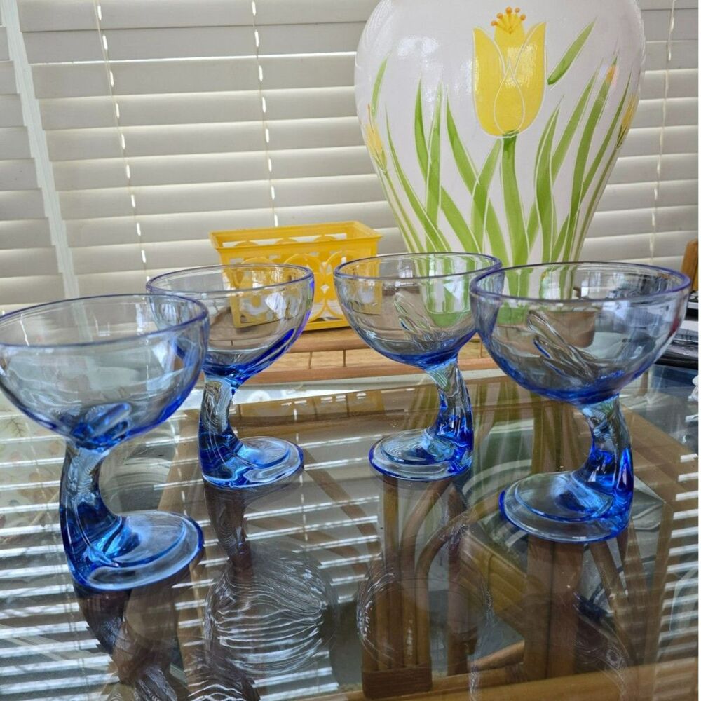 Set of 4 Vintage Blue Bormioli Rocco Jerba,  Dessert Bowls Glasses